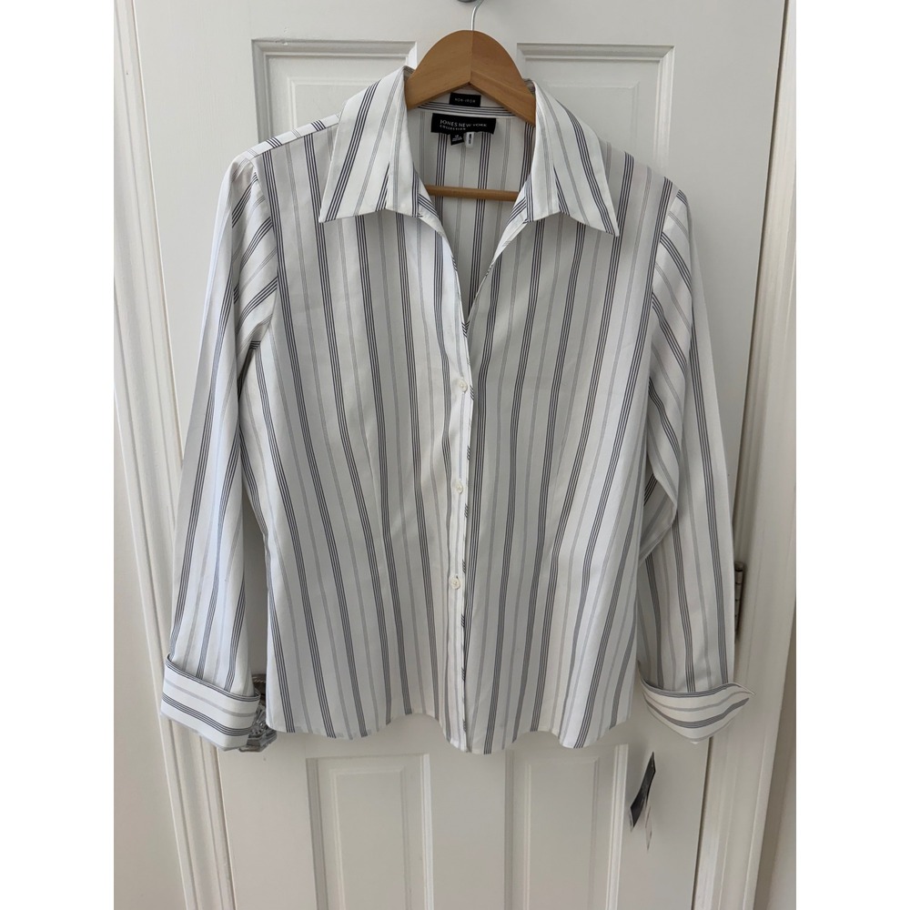NWT Jones New York Striped Button Down Shirt White Gray 12 Workwear